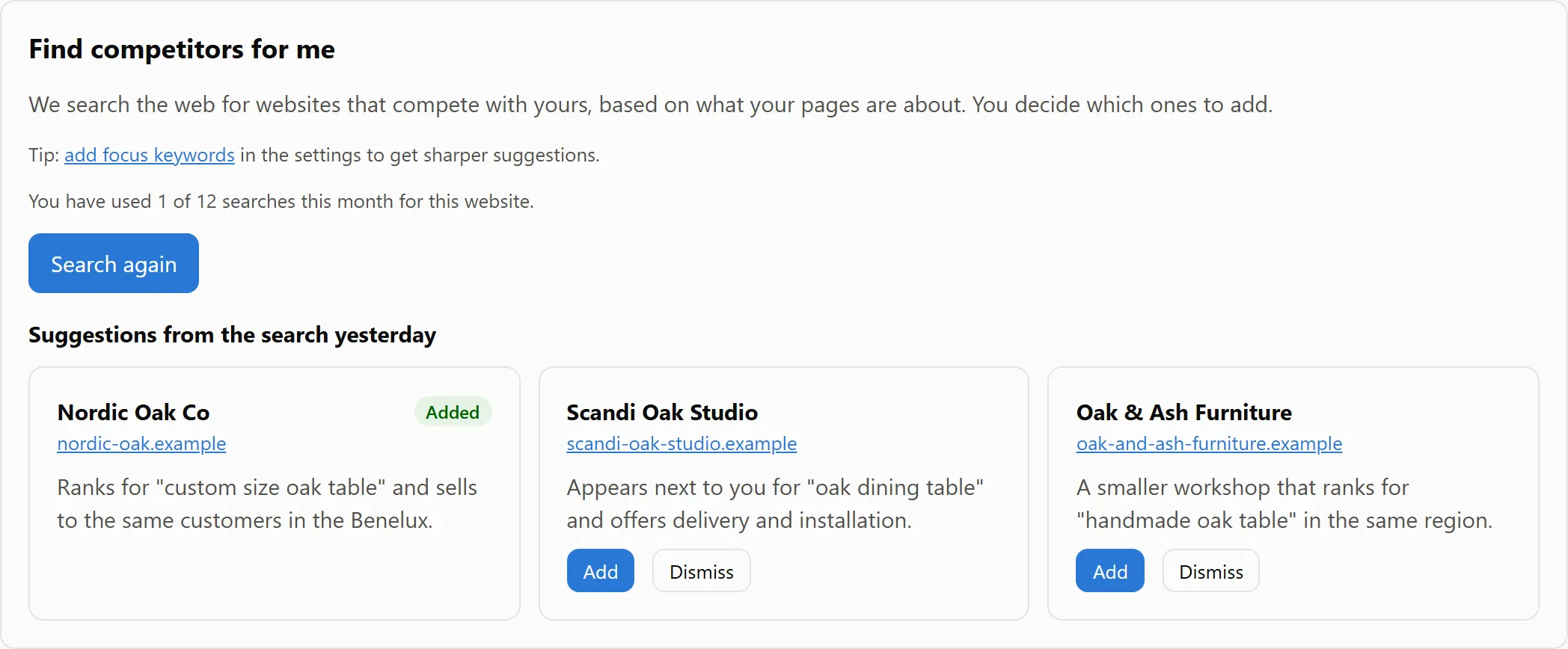 Suggestions from a competitor search: Nordic Oak Co (added), Scandi Oak Studio and Oak & Ash Furniture, each with a reason and Add and Dismiss buttons.